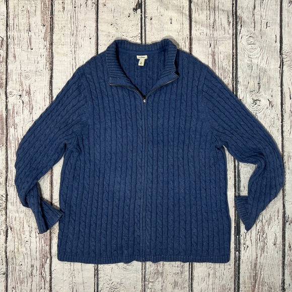 LL Bean Cable Knit Chunky Blue Wool Zip Up Vintage Women's Cozy Sweater - Picture 1 of 4